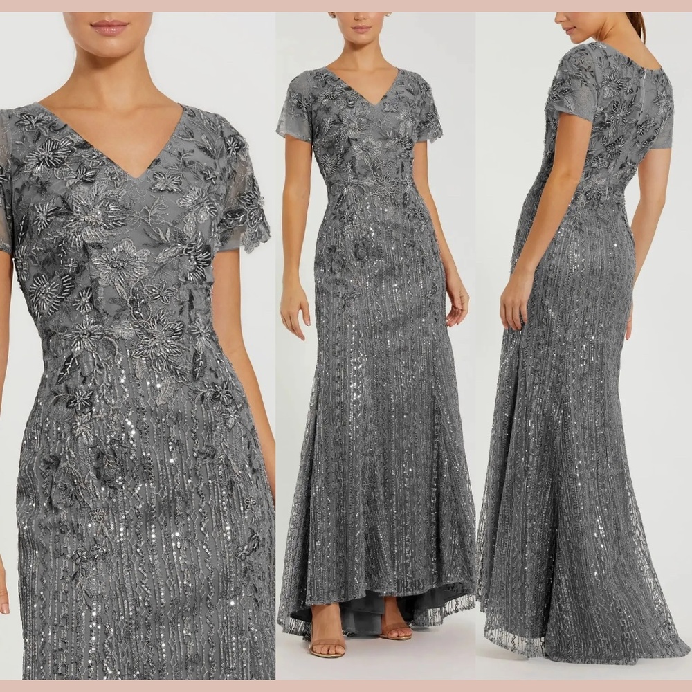 NWT Mac Duggal [ 18 ] 20282 Embellished V Neck Cap Sleeve Trumpet Gown Grey Q656